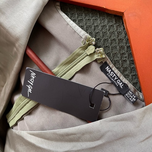 NEW Nasty Gal Sage Green Satin Long Sleeve Dress - Picture 7 of 7